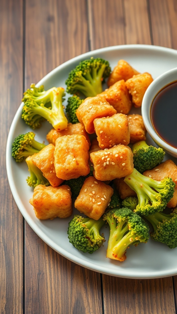 Crispy Air Fryer Broccoli Tempura Crispy air fryer broccoli tempura with sesame seeds and soy sauce on a rustic table.